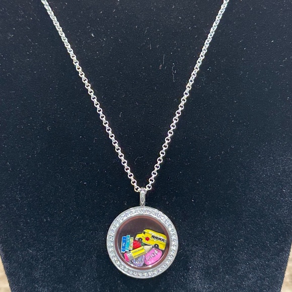 Origami Owl Living Locket TEACHER NECKLACE Bus Apple Books Two-Tone 22" Chain - Picture 4 of 11